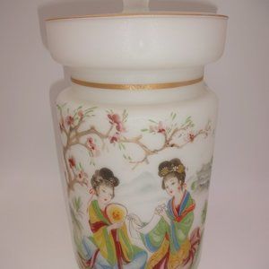 Vintage Oriental Asian Norleans Frosted Glass Canister Jar & Lid Geisha Italy
